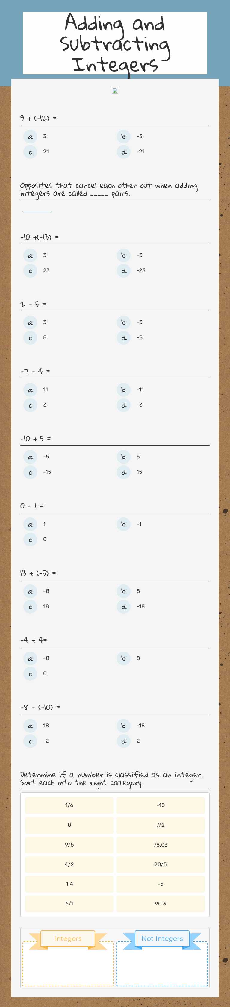 Adding and Subtracting Integers worksheet preview image