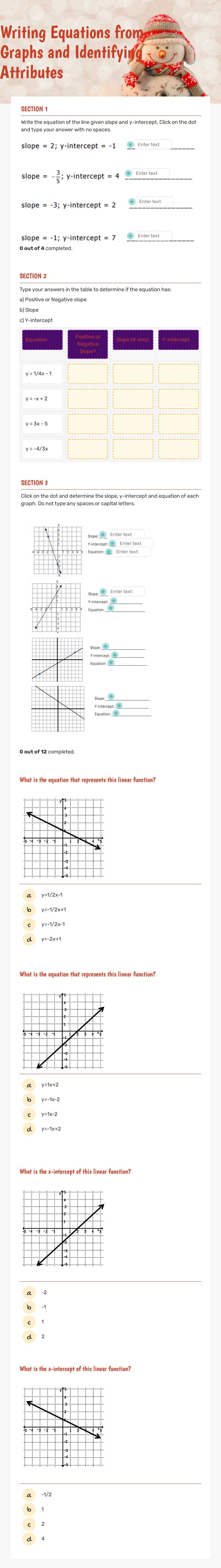 Writing Equations from Graphs and Identifying Attributes Grade 7 worksheet preview