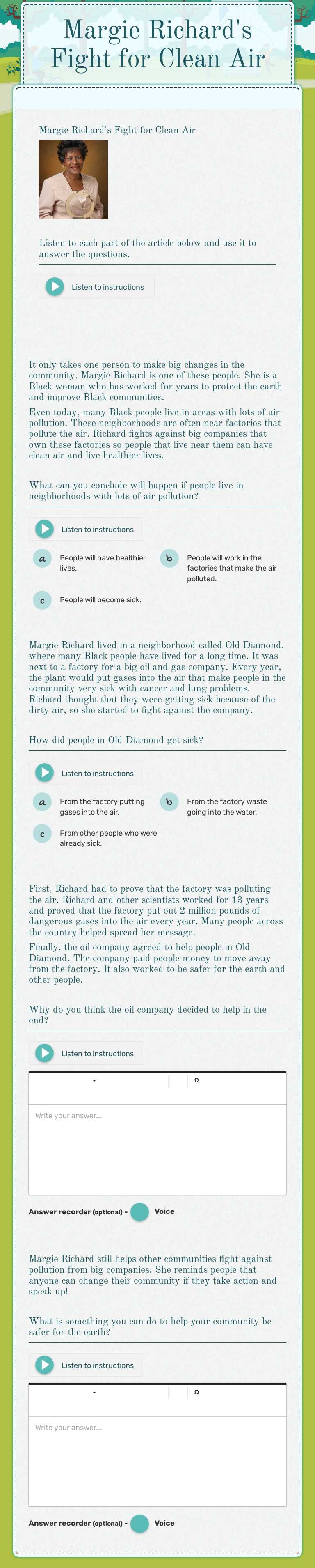 Margie Richard's Fight for Clean Air worksheet preview image