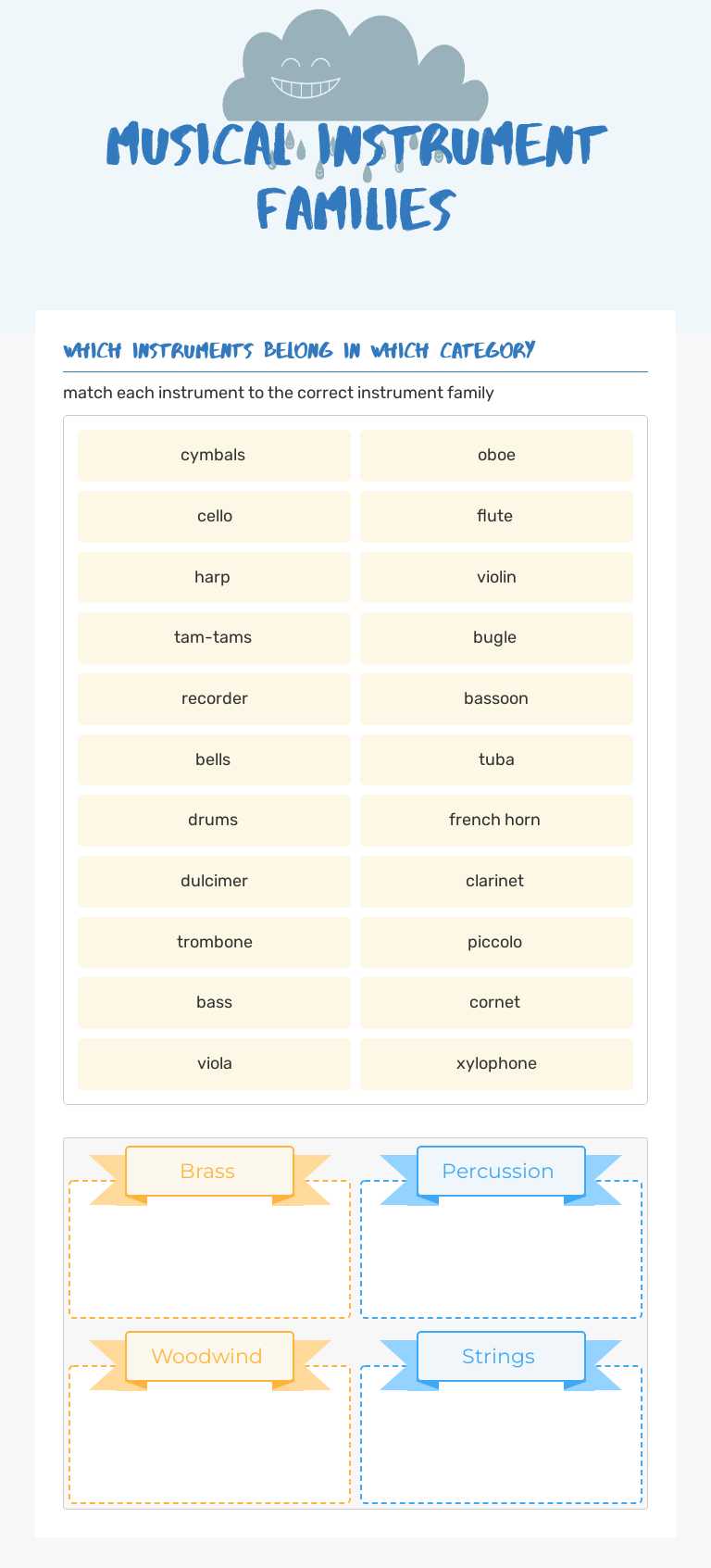 Musical instrument families Grade 5 worksheet preview