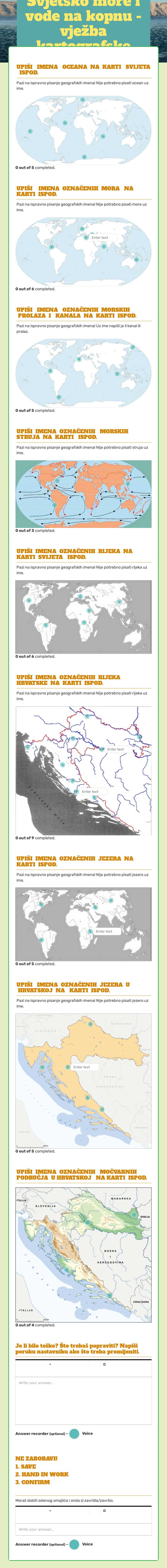 Svjetsko more i vode na kopnu - vježba kartografske pismenosti Grade 9 worksheet preview