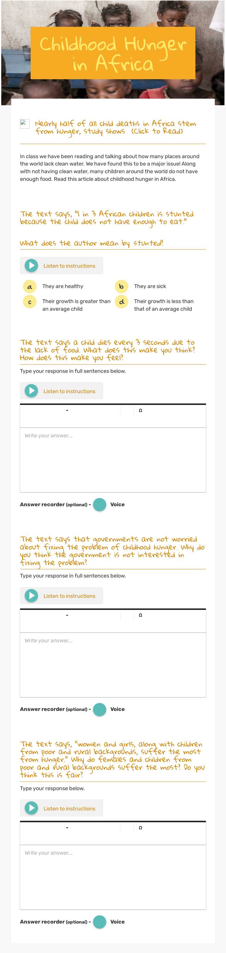 Childhood Hunger in Africa Grade 5 worksheet preview