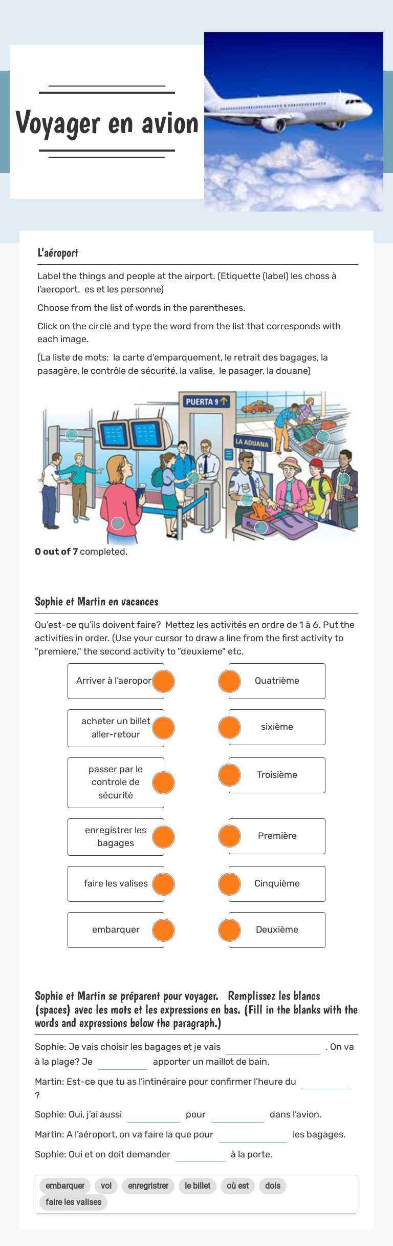Voyager en avion worksheet preview image
