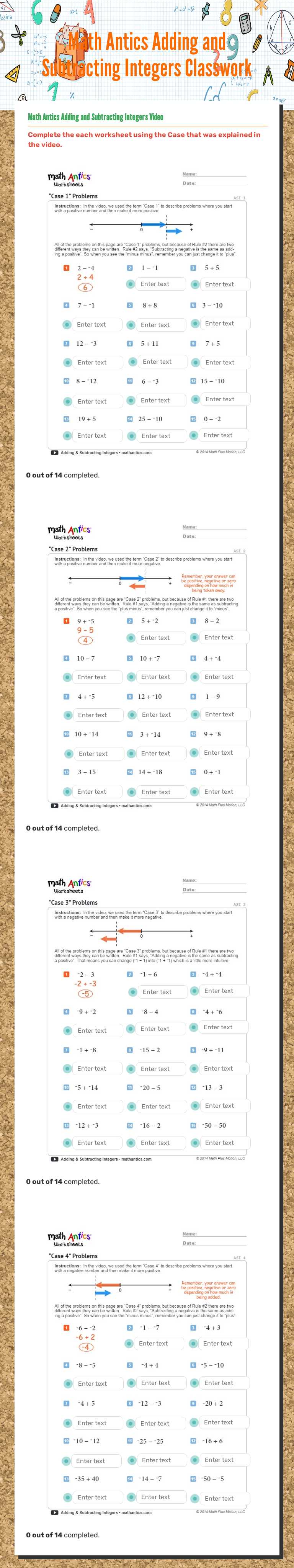 Math Antics Adding and Subtracting Integers Classwork worksheet preview image