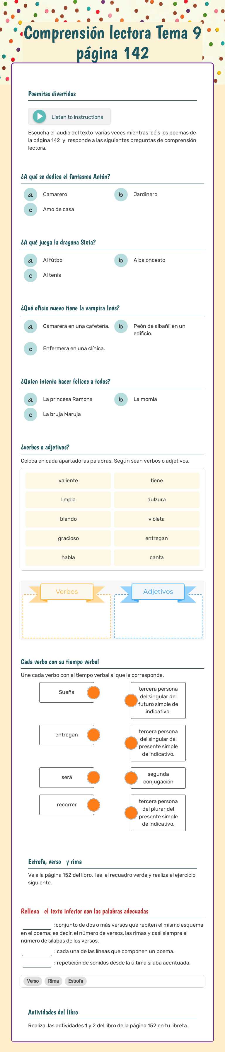 Comprensión lectora Tema 9 página 142 worksheet preview image