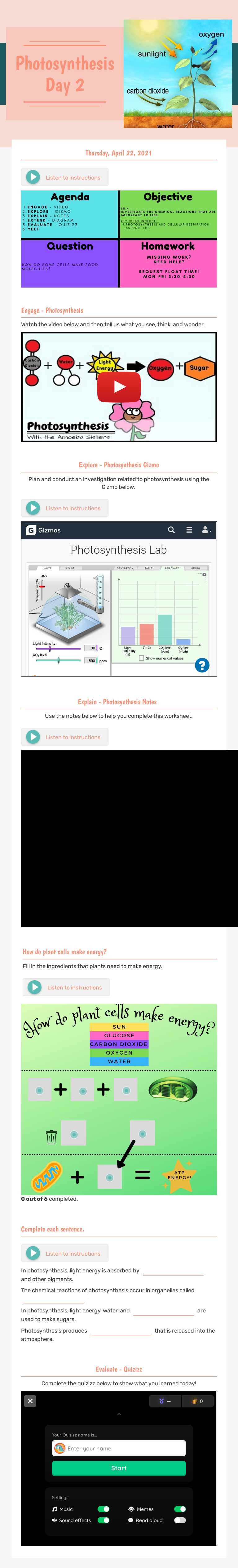 Photosynthesis
Day 2 worksheet preview image