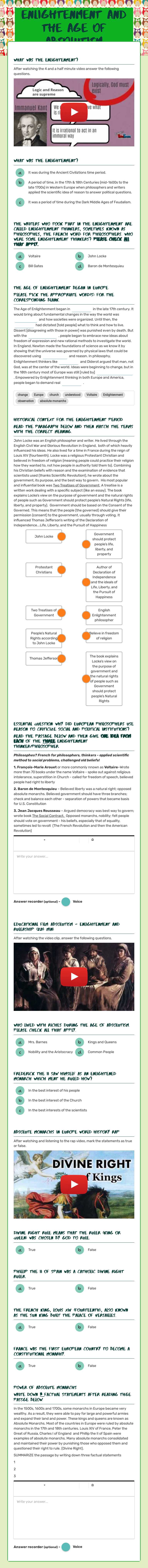 Enlightenment And the Age of Absolutism worksheet preview image