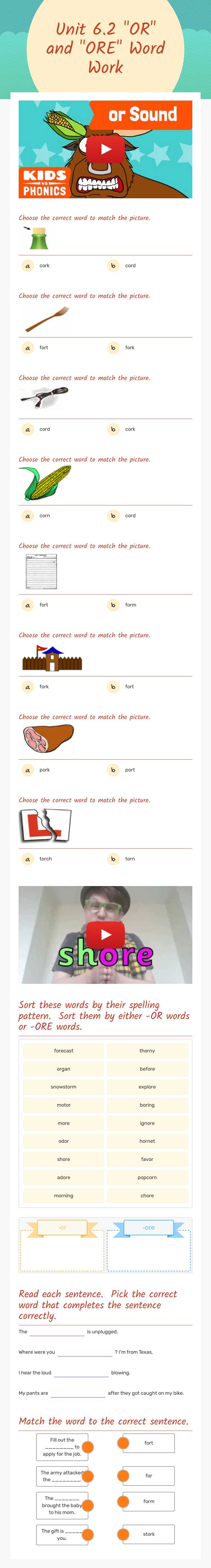 Unit 6.2 "OR" and "ORE" Word Work Grade 2 worksheet preview