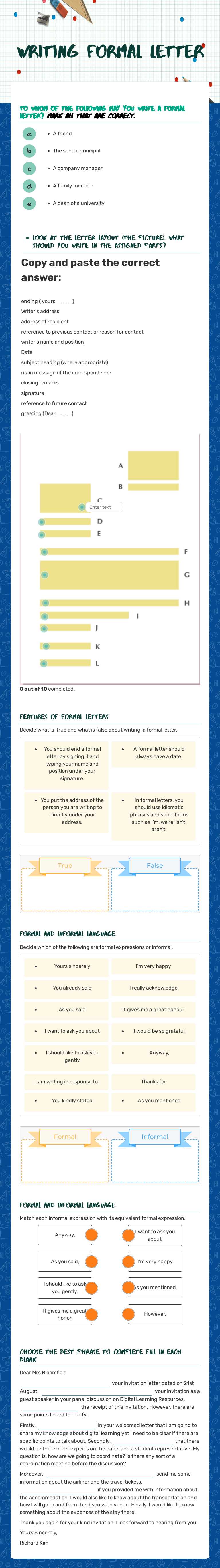 writing Formal Letter Grade 10 worksheet preview