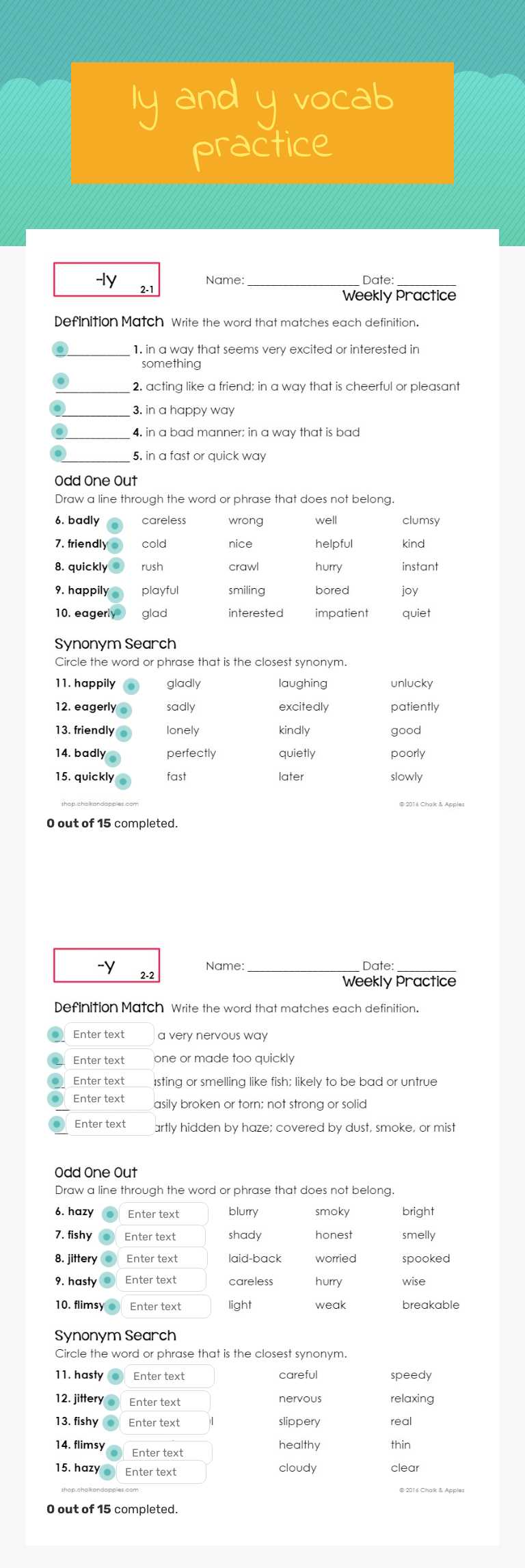 ly and y vocab practice worksheet preview image