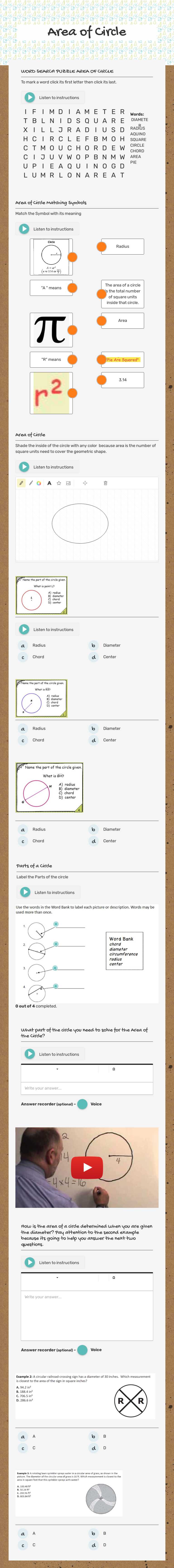Area of Circle worksheet preview image