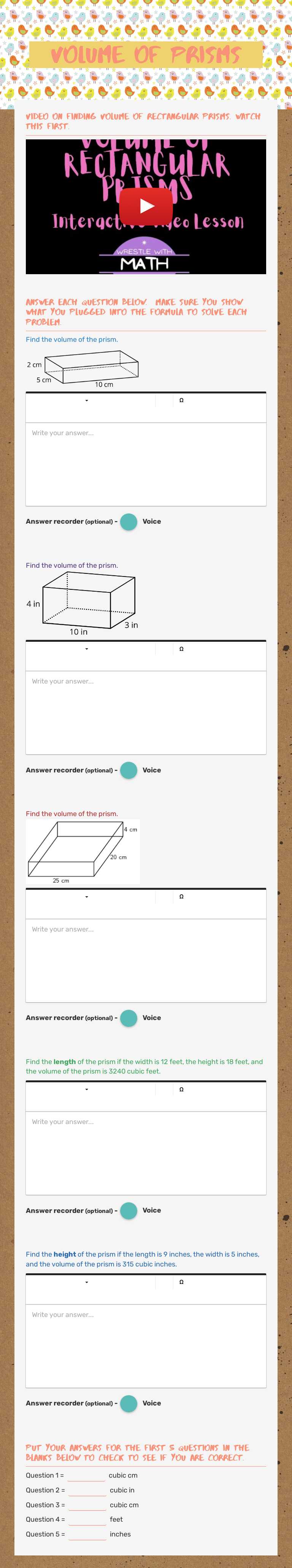 Volume of Prisms Grade 6 worksheet preview