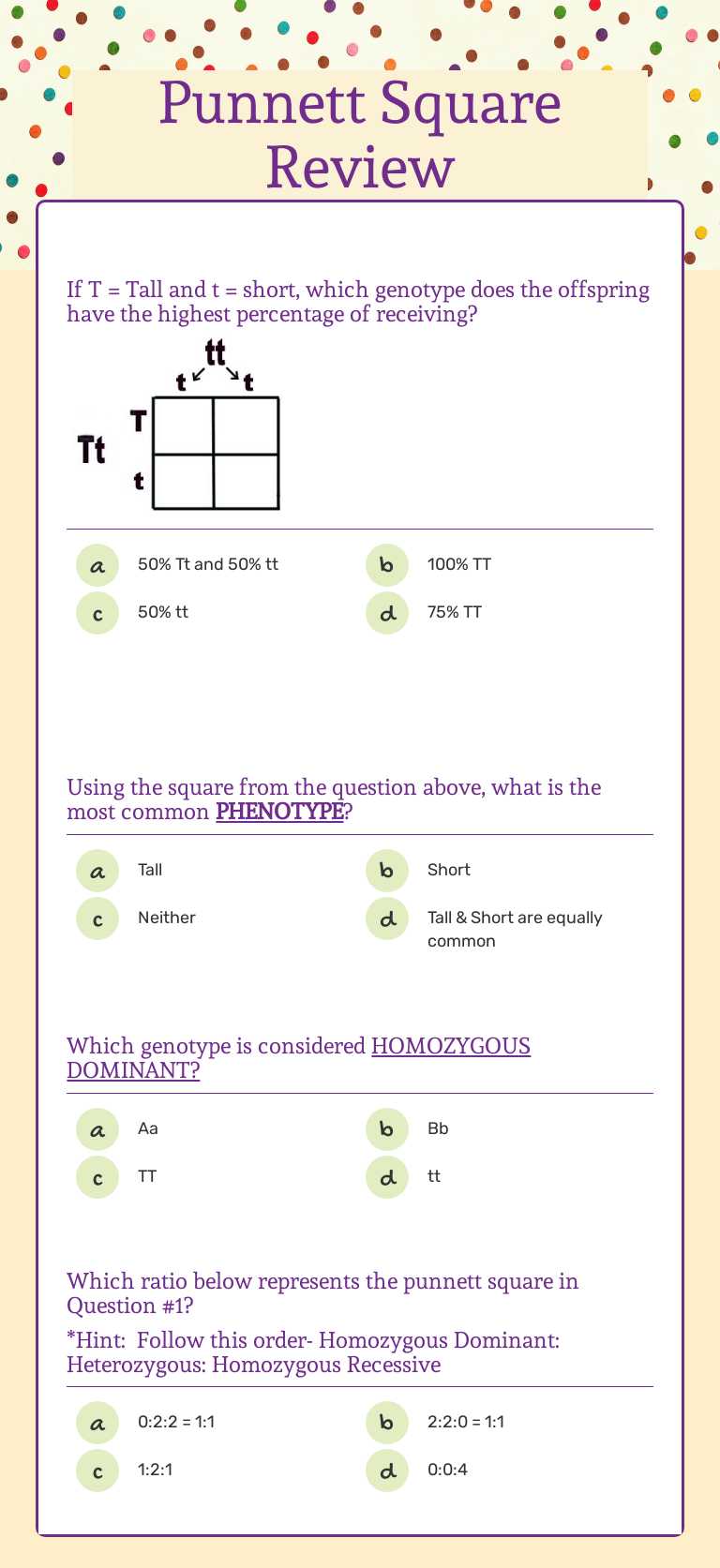 Punnett Square Review worksheet preview image