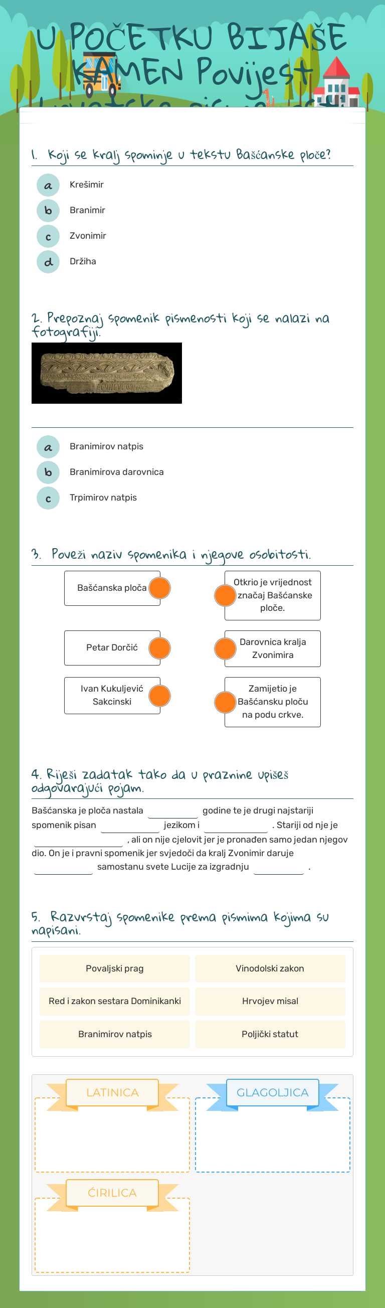 U POČETKU BIJAŠE KAMEN Povijest hrvatske pismenosti Grade 6 worksheet preview