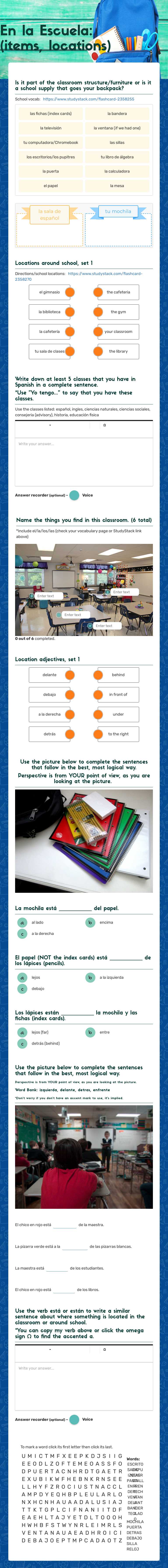En la Escuela:
(items, locations) Grade 10 worksheet preview