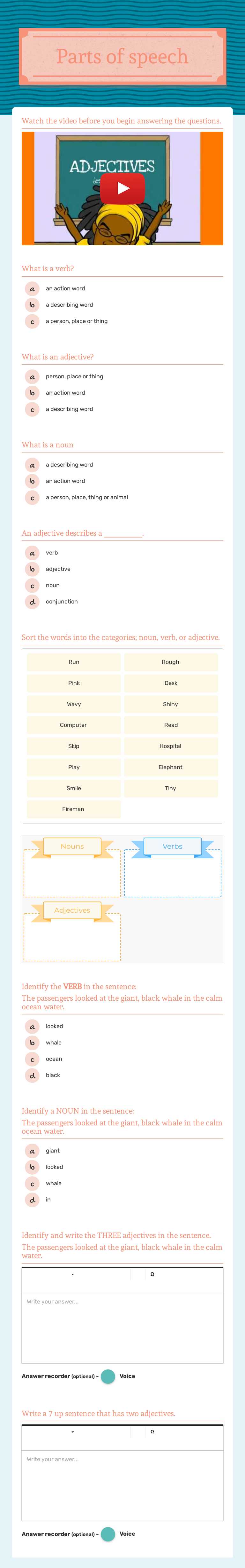 Parts of speech Grade 7 worksheet preview