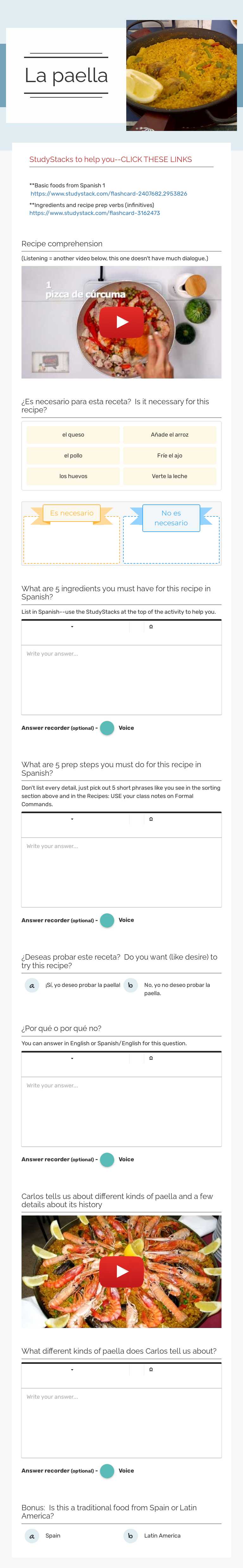 La paella Grade 10 worksheet preview