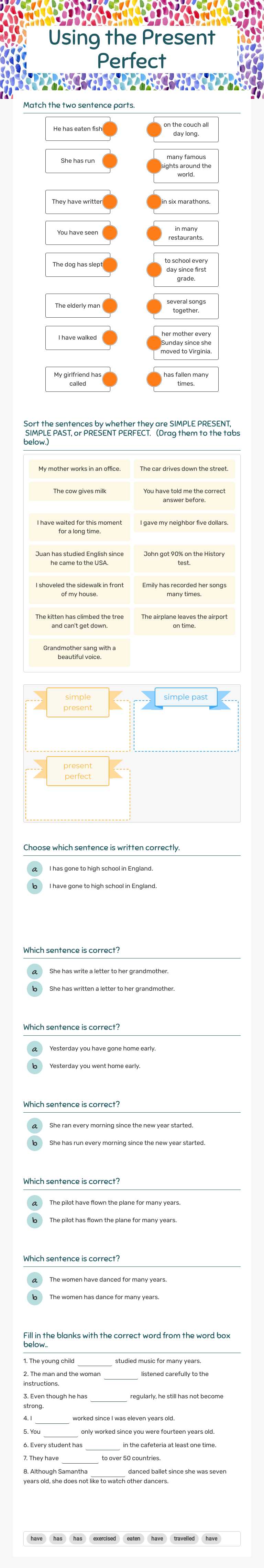 Using the Present Perfect worksheet preview image
