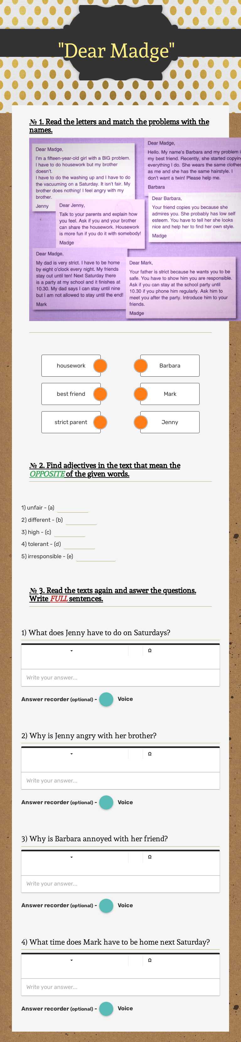 "Dear Madge" worksheet preview image