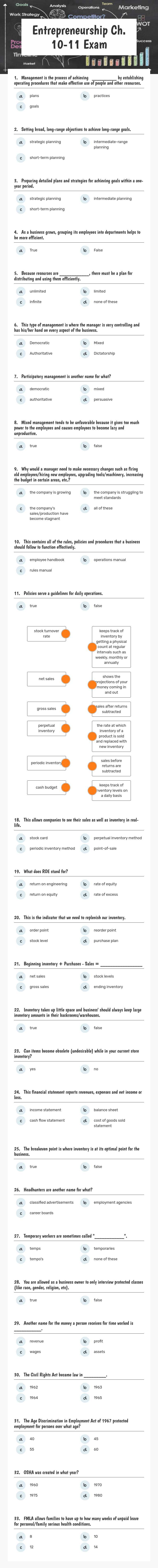 Entrepreneurship      Ch. 10-11 Exam worksheet preview image