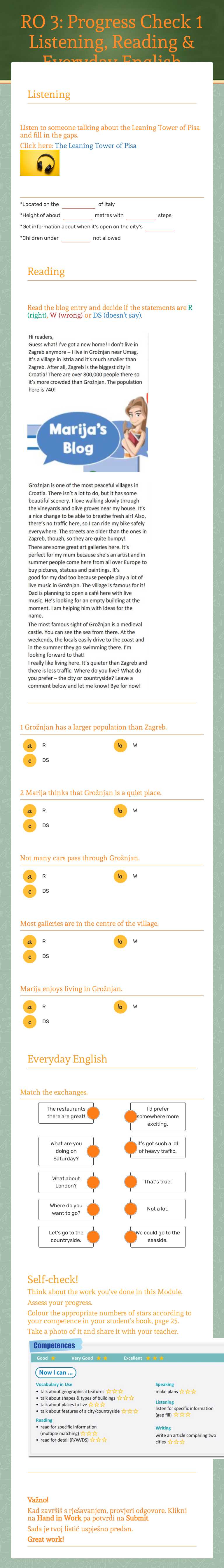 RO 3: Progress Check 1               Listening, Reading & Everyday English worksheet preview image