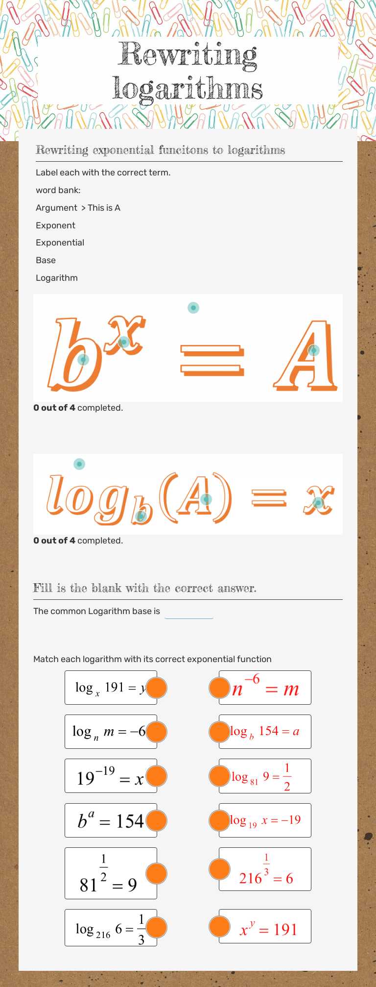 Rewriting logarithms Grade 11 worksheet preview
