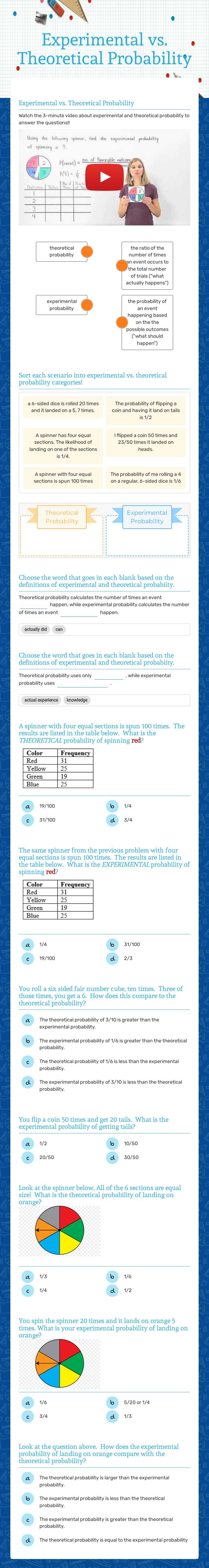 Experimental vs.
 Theoretical Probability worksheet preview image