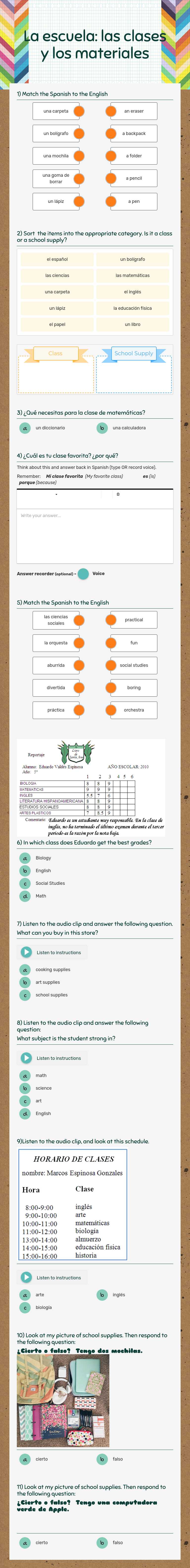 La escuela: las clases y los materiales worksheet preview image