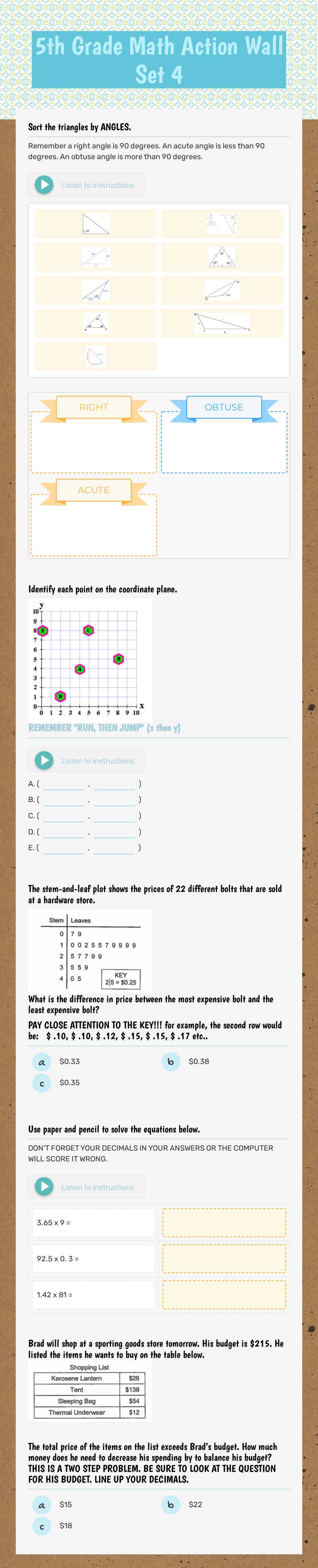 5th Grade Math Action Wall 
Set 4 Grade 5 worksheet preview