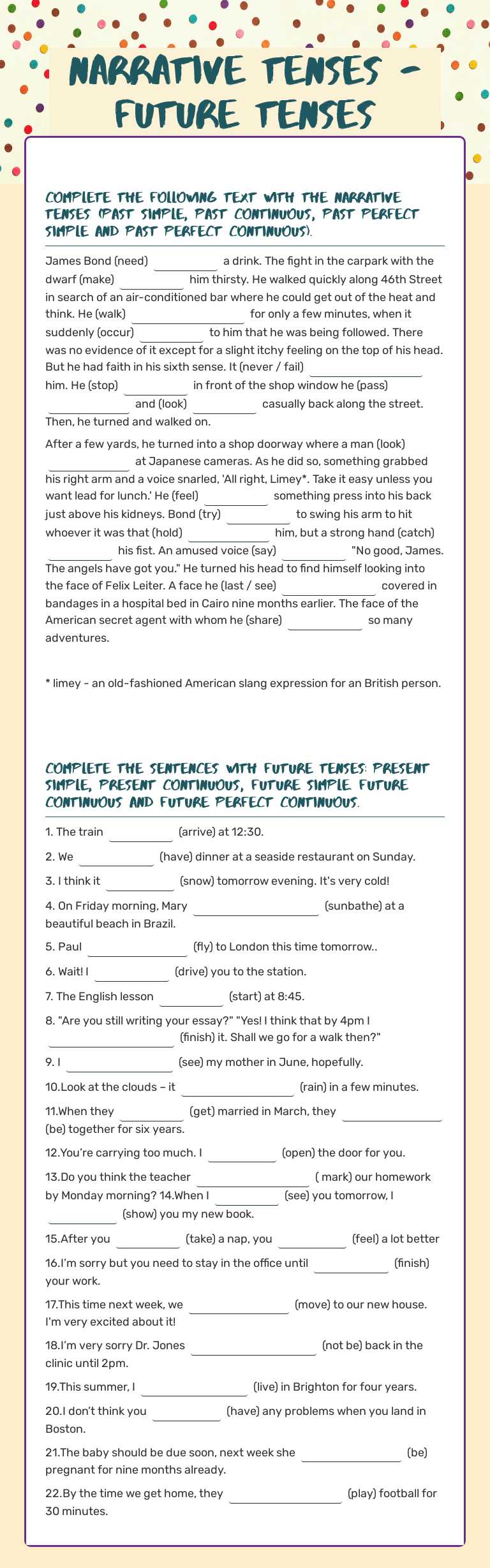 Narrative tenses - future tenses worksheet preview image