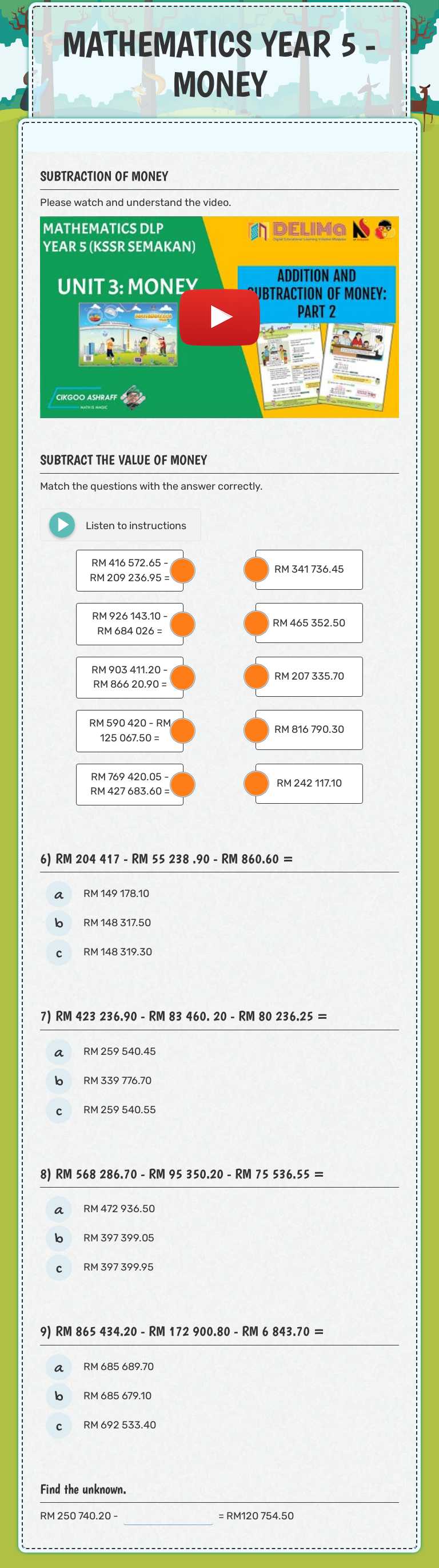 MATHEMATICS YEAR 5 -MONEY worksheet preview image