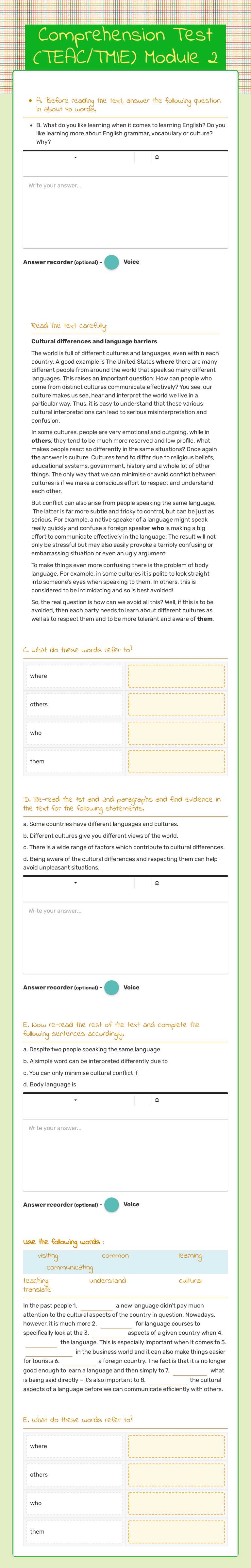 Comprehension Test (TEAC/TMIE)  Module 2 worksheet preview image