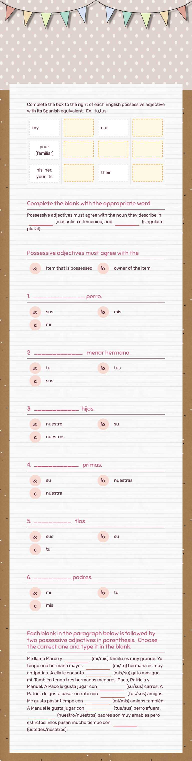los adjetivos posesivos worksheet preview image