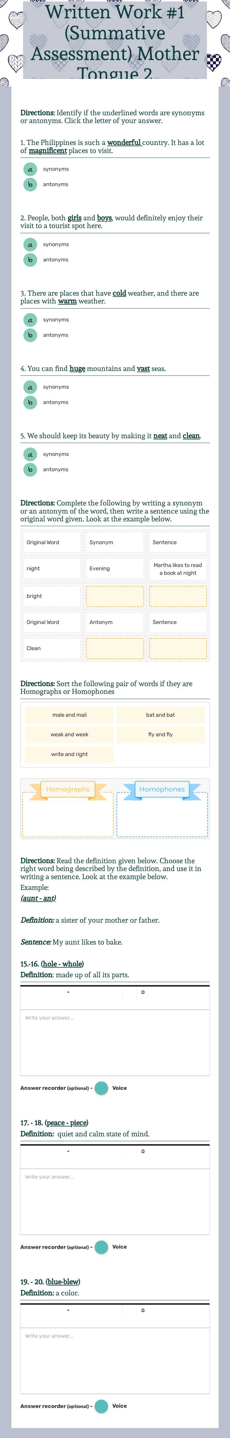 Written Work #1 (Summative Assessment) Mother Tongue 2 worksheet preview image