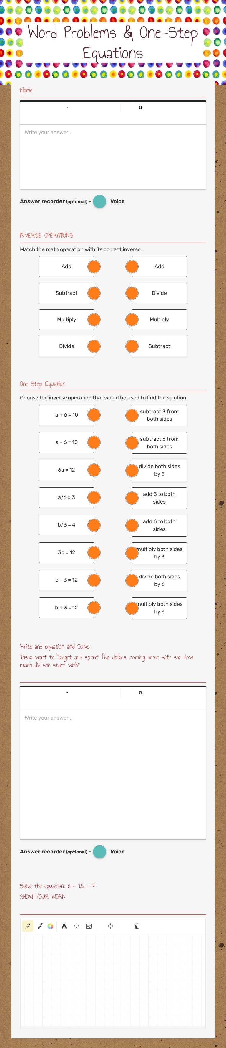 Word Problems & One-Step Equations worksheet preview image