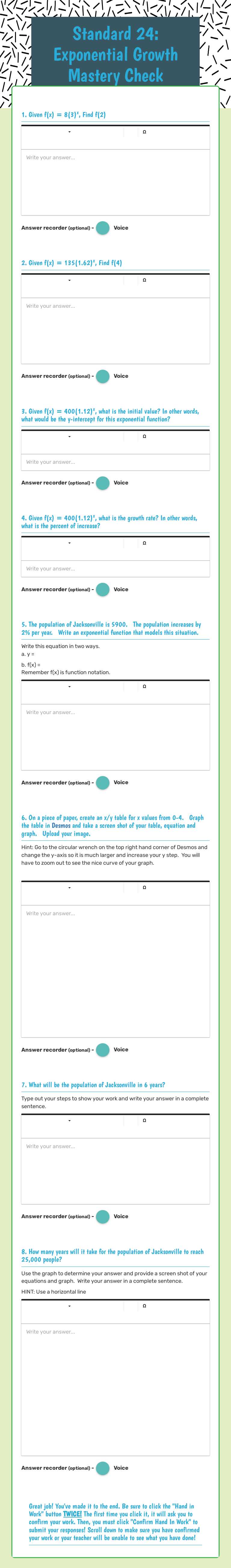 Standard 24: Exponential Growth Mastery Check Grade 9 worksheet preview