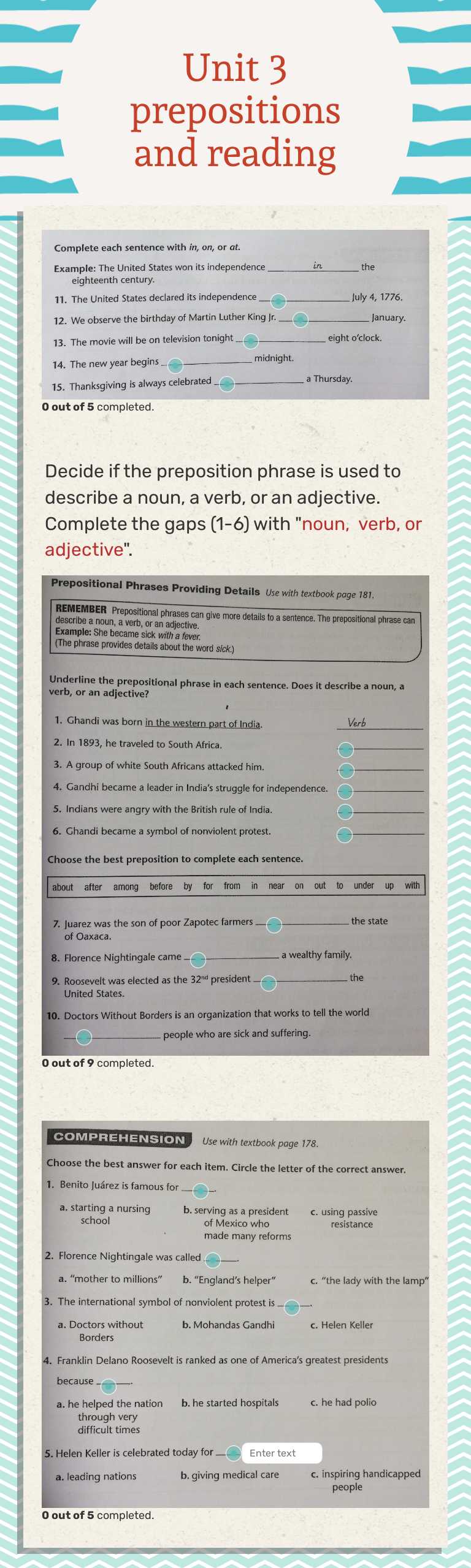 Unit 3 prepositions and reading worksheet preview image