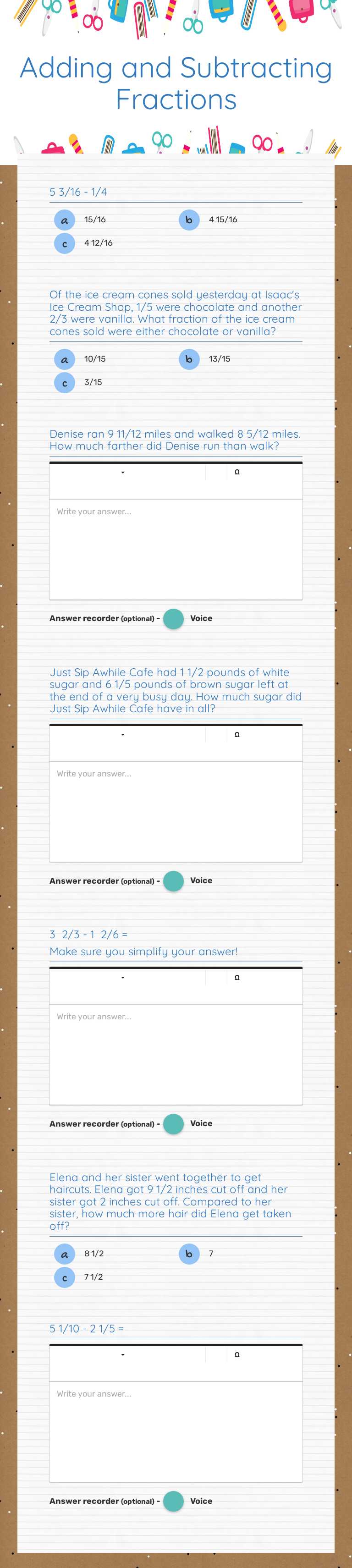 Adding and Subtracting Fractions Grade 5 worksheet preview