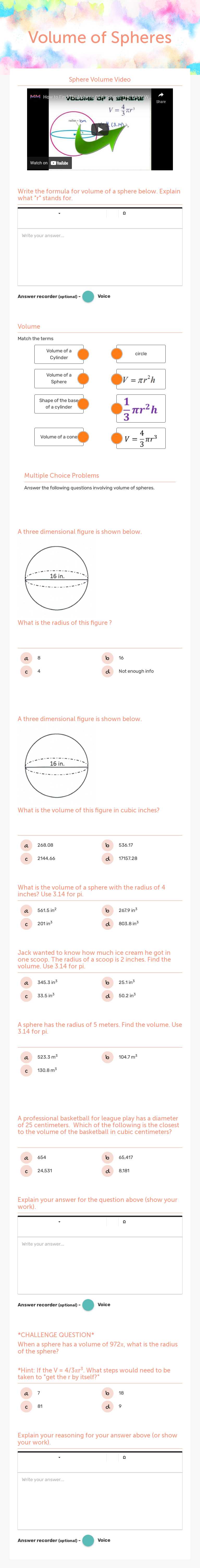 Volume of Spheres worksheet preview image