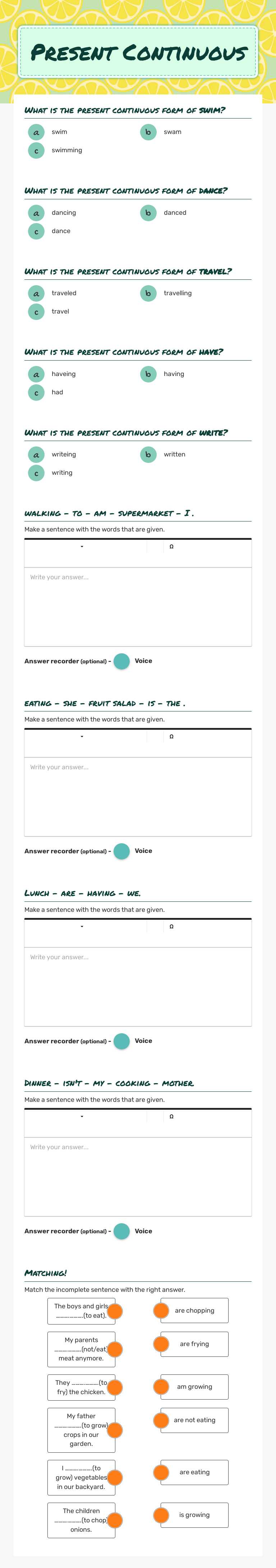 Present Continuous worksheet preview image