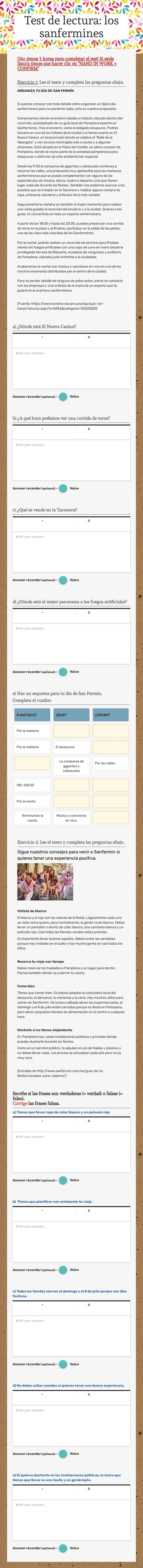Test de lectura: los sanfermines Grade 1 worksheet preview