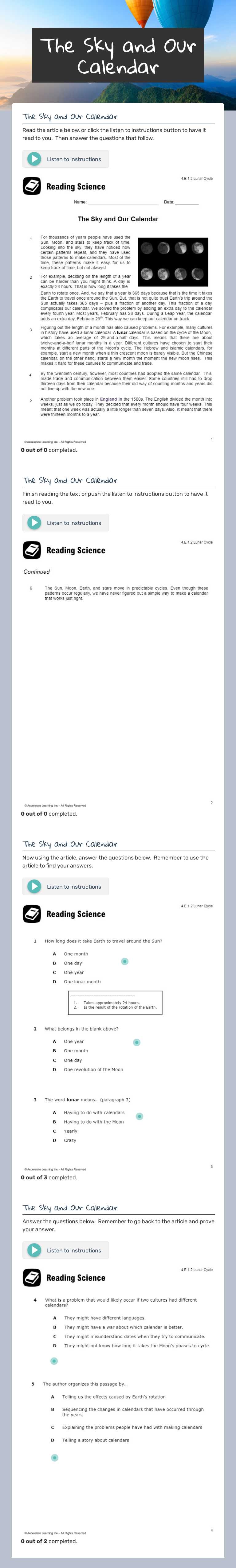 The Sky and Our Calendar Grade 4 worksheet preview
