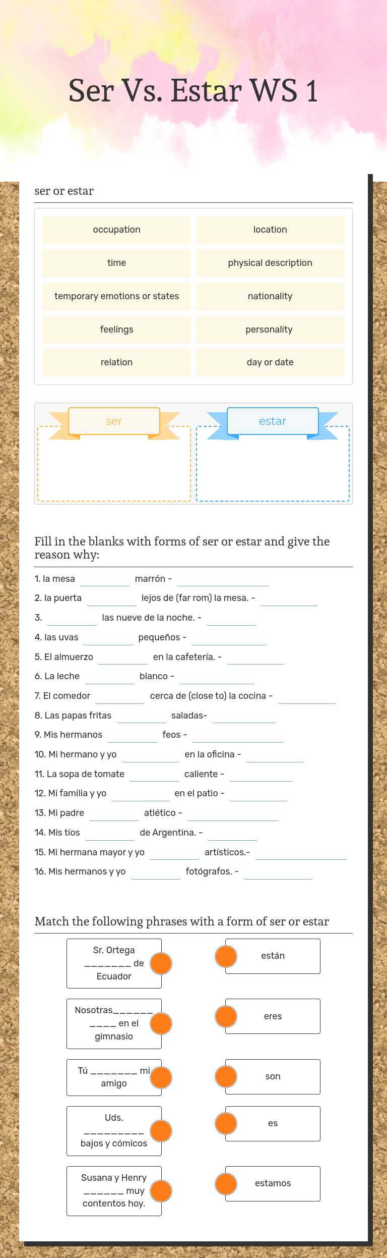 Ser Vs. Estar WS 1 worksheet preview image