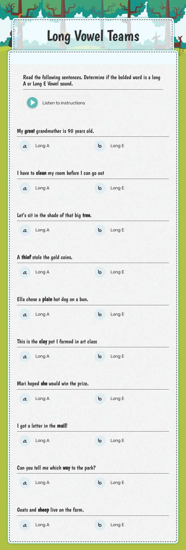 Long Vowel Teams Grade 3 worksheet preview