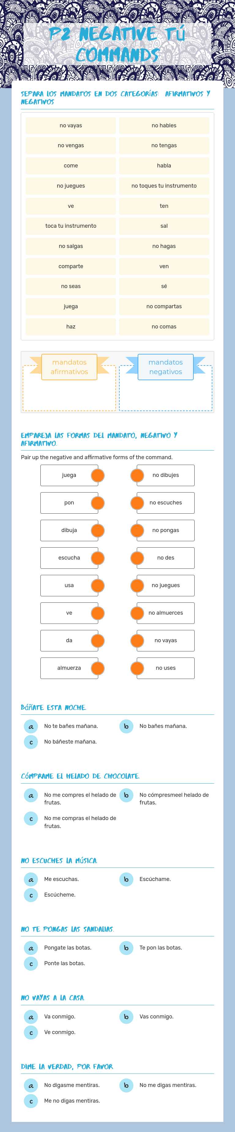 P7 Negative Tú commands worksheet preview image