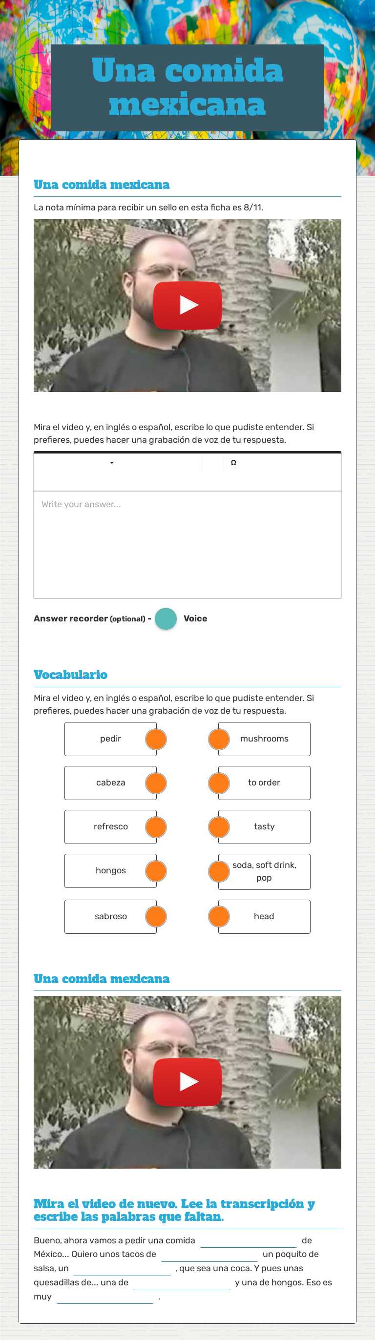 Una comida mexicana Grade 11 worksheet preview
