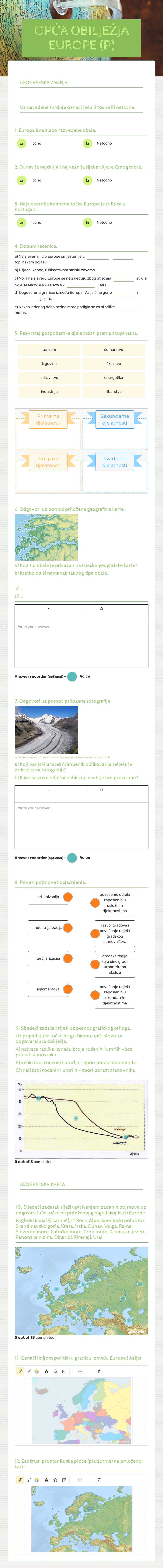 OPĆA OBILJEŽJA EUROPE (P) Grade 7 worksheet preview