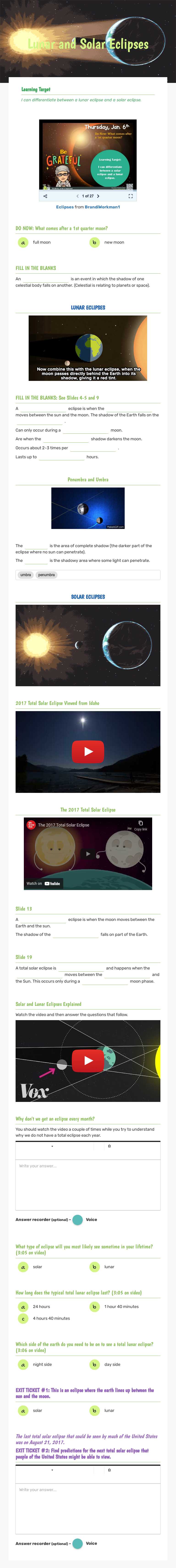 Lunar and Solar Eclipses worksheet preview