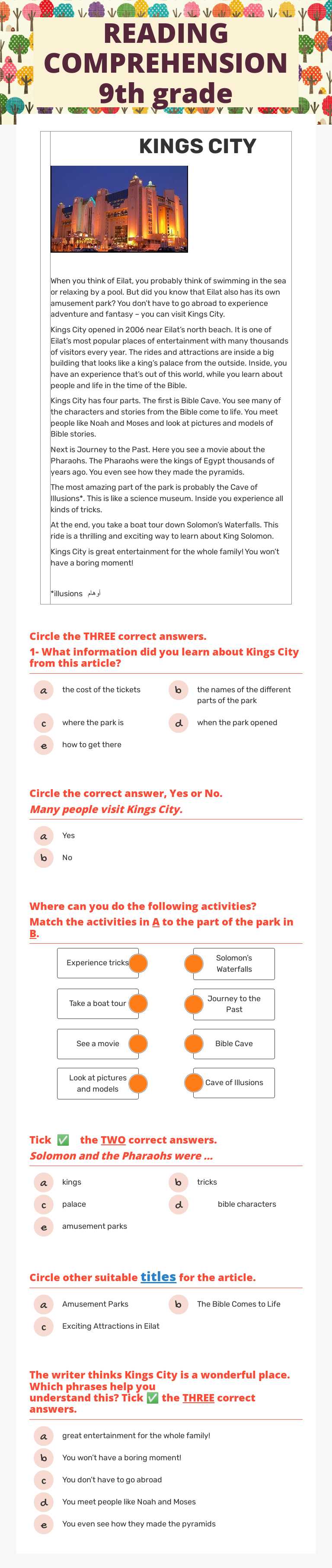 READING COMPREHENSION 9th grade worksheet preview image