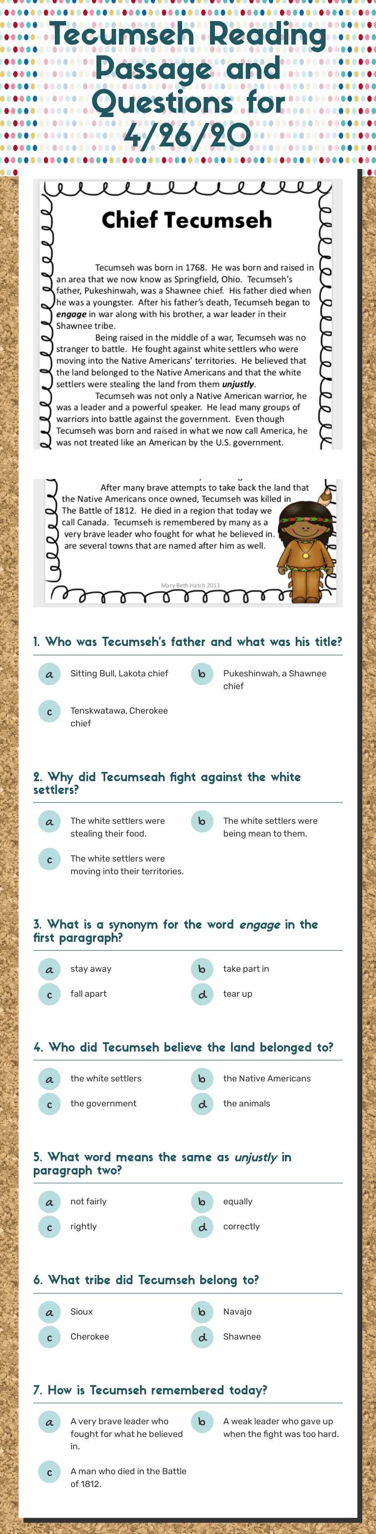 Tecumseh Reading Passage and Questions for 4/26/20 worksheet preview image